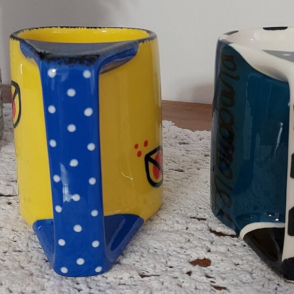 2 Hand Made Broussard, Art Studio Pottery Mugs, Hand Painted Vibrant Colors - Picture 4 of 12